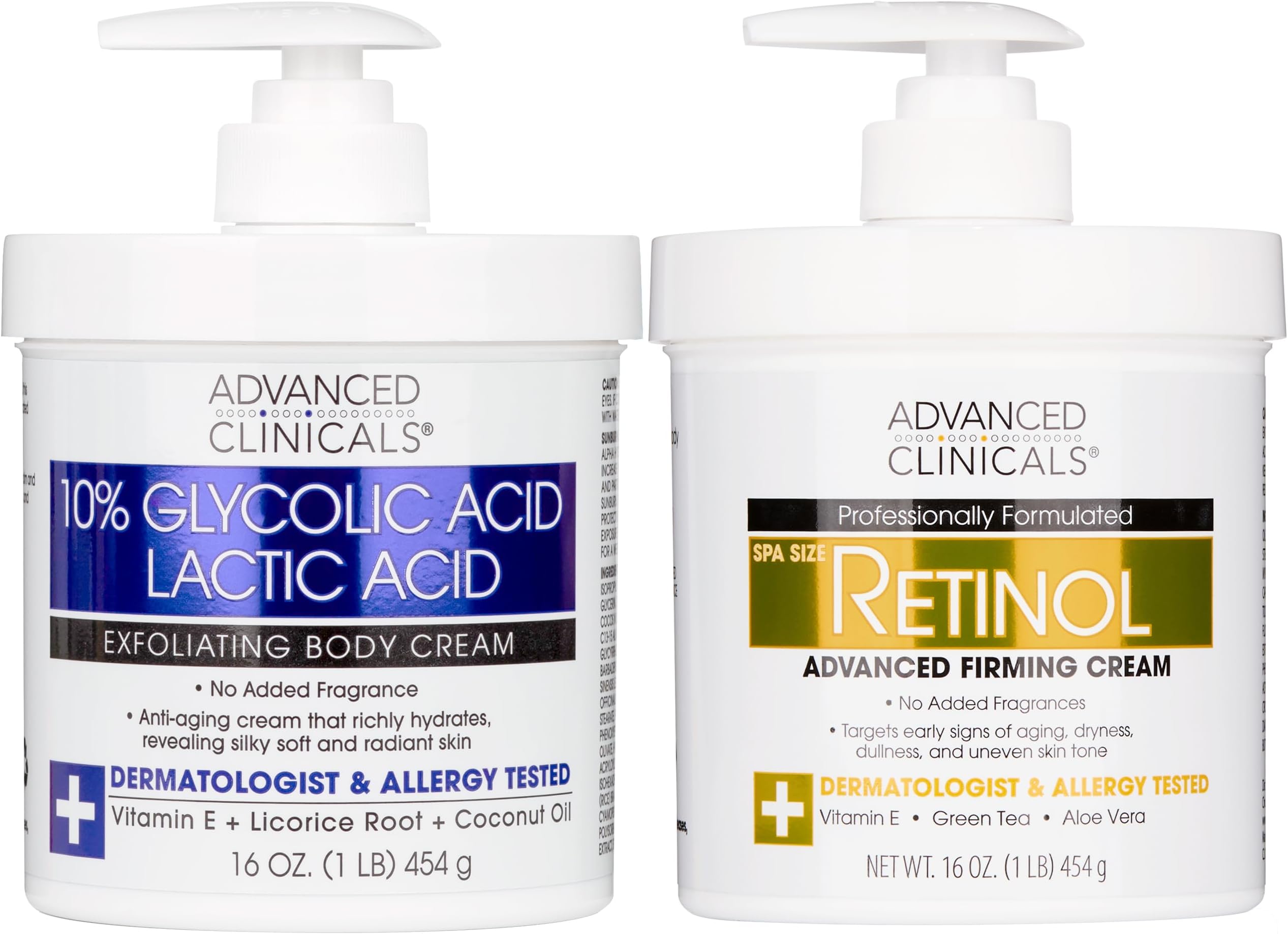 Advanced Clinicals 10% Glycolic Acid + Lactic Acid Exfoliating Body Cream + Retinol Firming Body Cream Set