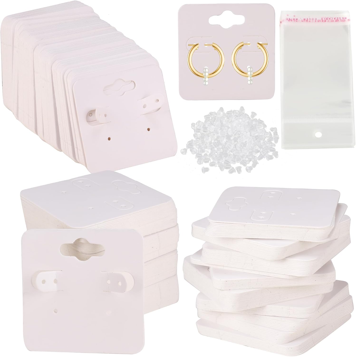 Femtindo Earring Display Cards with 100PCS Earrings Cards 200PCS Earring Backs and 100PCS Earing Packaging Self-Sealing Bags for Jewelry Selling (Black-5x3.5cm)