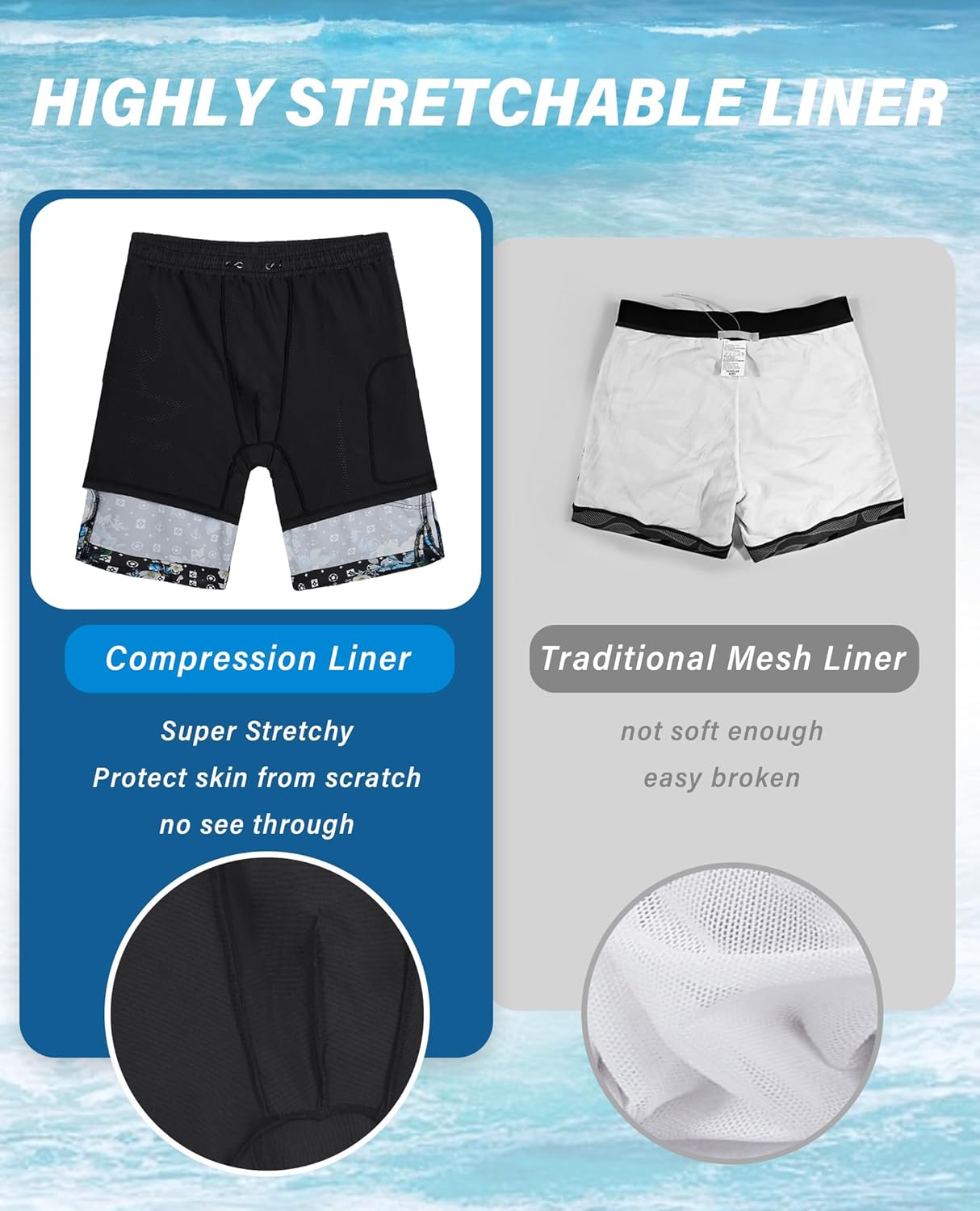 9inch Mens Swim Trunks: 2 in 1 with Compression Liner Stretch Quick Dry Drawstring Shark Pockets Beach Pool Vacation - Image 5