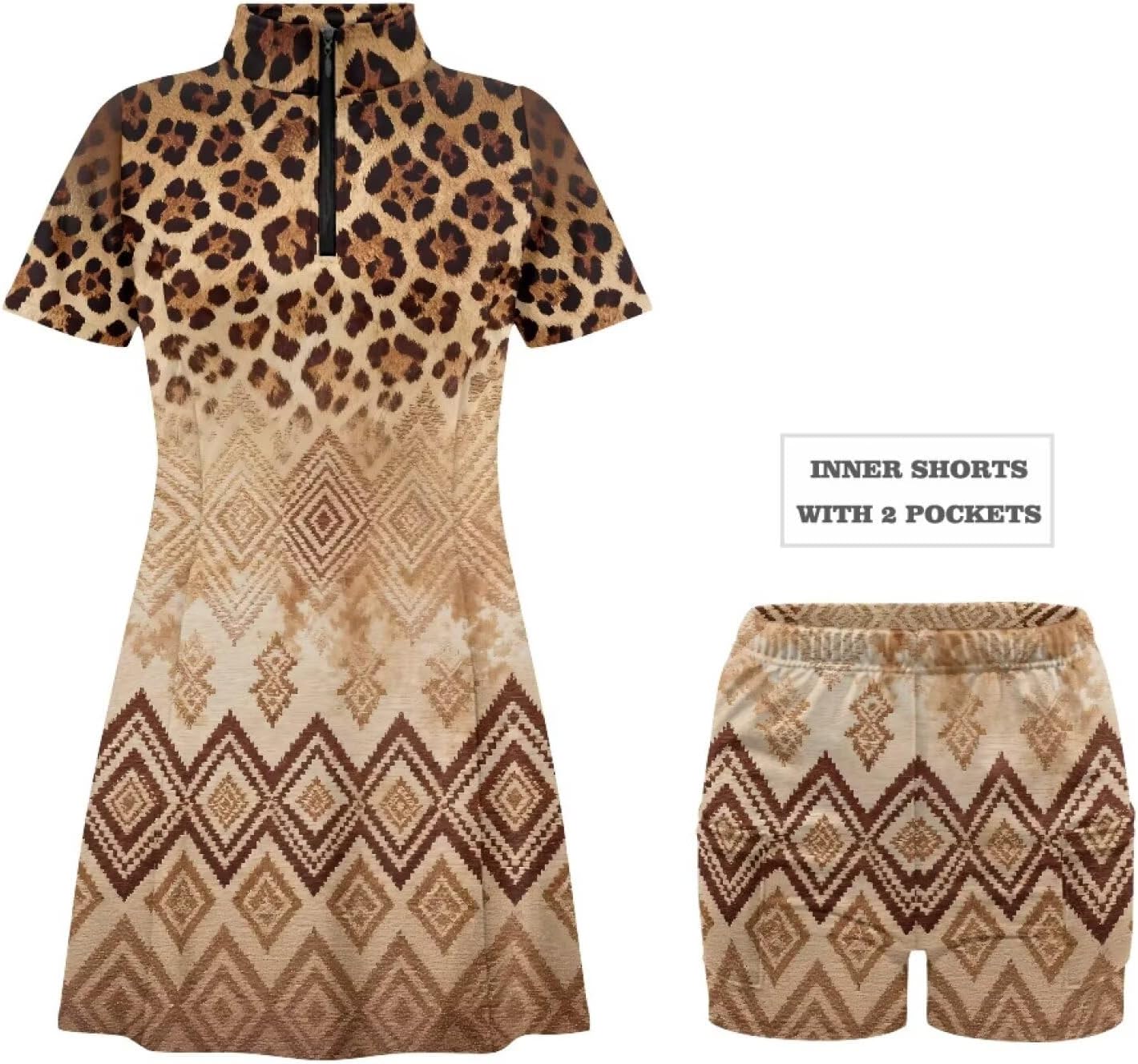 Women's Short Sleeve Golf Tennis Dress with Inner Shorts Pockets for Workout Exercise Half Zip Collar Athletic Dress