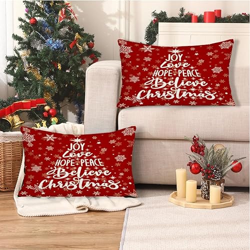 Miniatura 5 de RABUSOFA Fundas de almohada de Navidad con copos de nieve rojos de 12 x 20 pulgadas, fundas de almohada decorativas de Navidad, fundas de cojín