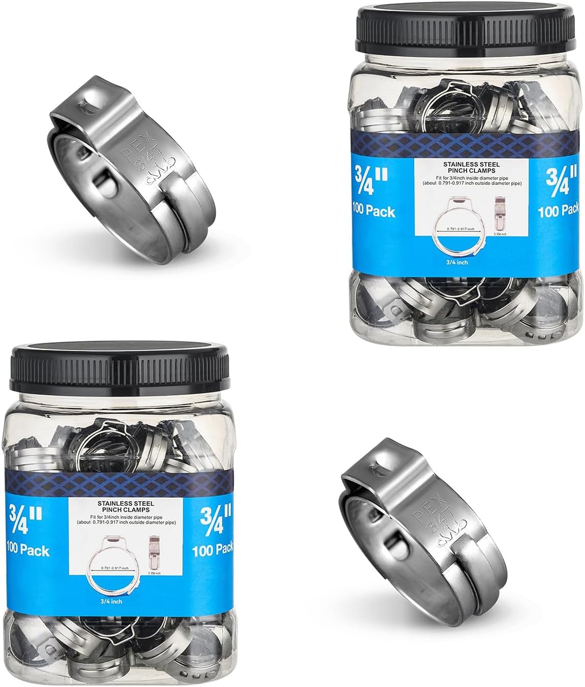 Pack of 200 Foskan 3/4 Inch PEX Cinch Clamp Rings,304 Stainless Steel Hose Clamps for PEX Tubing,Tool Compatible（3/4 inch）