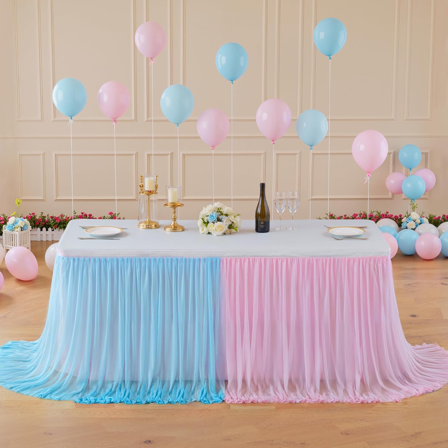 Gender Reveal Table Skirt Pink Blue Tulle Tutu Table Skirts 9 Ft for Gender Reveal Boy or Girls Birthday Party Baby Shower Cake Dessert Decorations