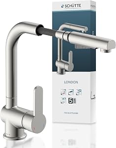 SCHÜTTE London Robinet Cuisine avec Douchette Extensible Mitigeur Rabattable Mitigeur Robinet Evier de Cuisine avec Douchette, Rotative à 360° Froid & Chaud Disponible, Acier Inoxydable