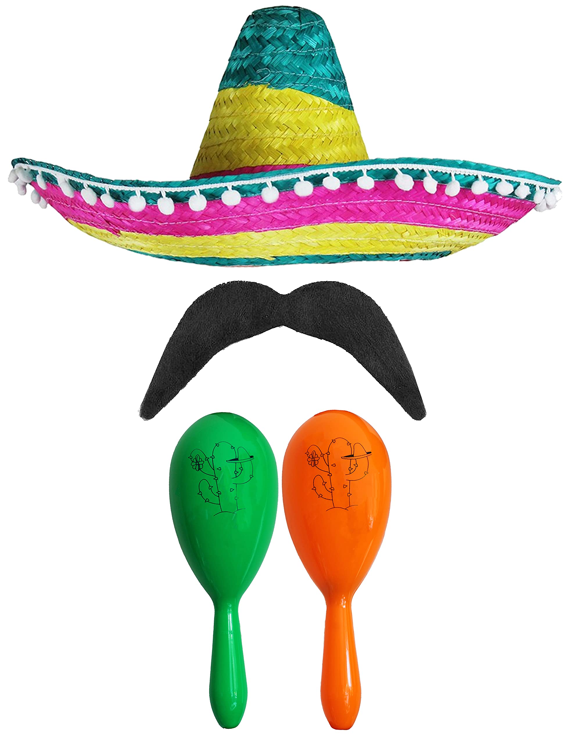 Adults Mexican Accessory Set - Multicoloured Sombrero, Green & Orange Maracas, Moustache - Cinco de Mayo Sensorita Bandit Mariachi Fancy Dress Costume Accessory Set — image 1