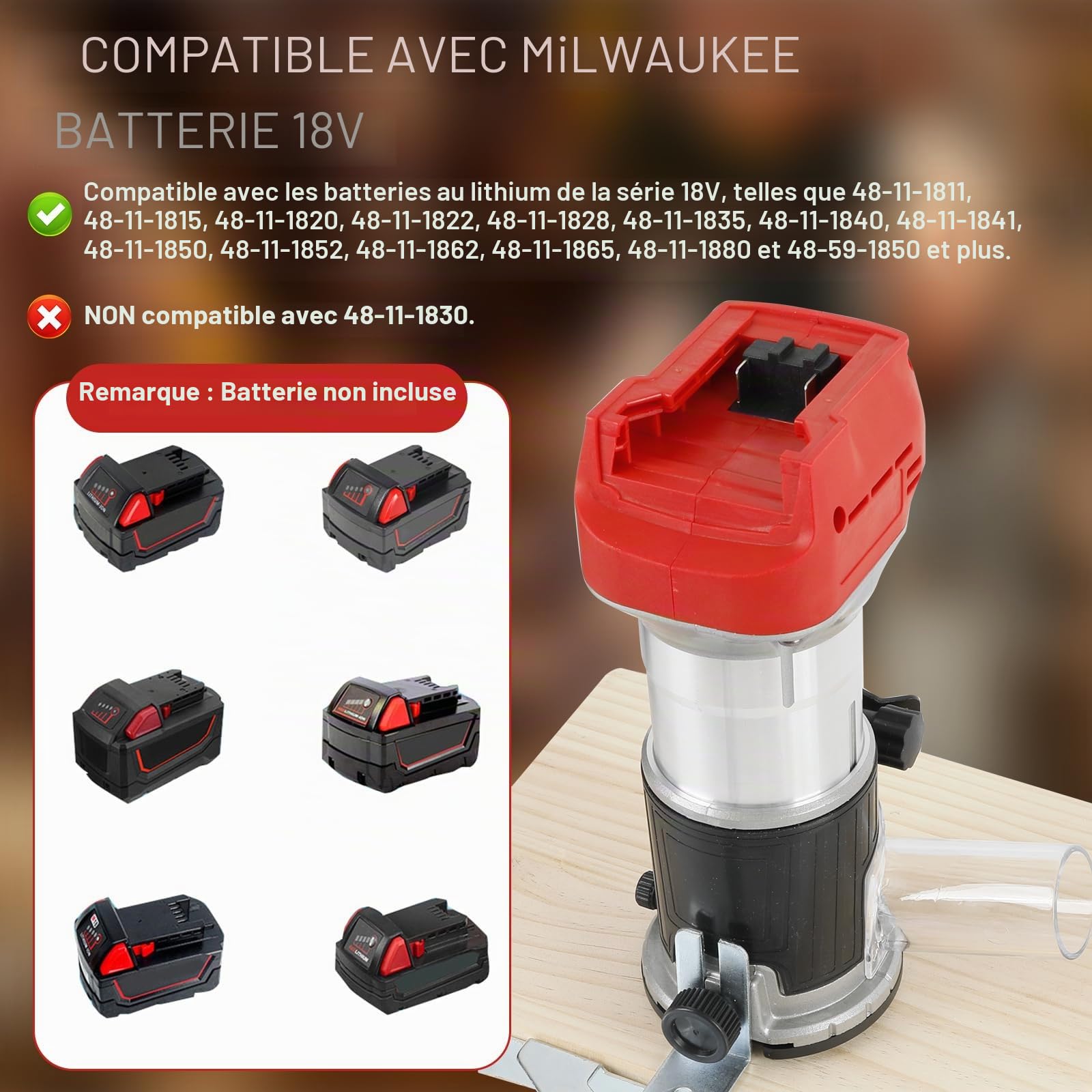 Défonceuse à bois sans fil pour batterie Milwaukee 18 V, défonceuse manuelle de 800 W pour le travail du bois, 6 vitesses 10 000 à 30 000 tr/min