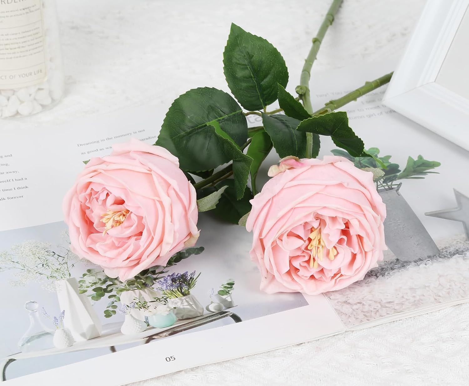 IPOPU Real Touch Rose Artificial Flowers 5PCS Faux Pink Peonies Realistic Roses with Stem for Wedding Bouquet Party Home Decor (Pink) - Image 2