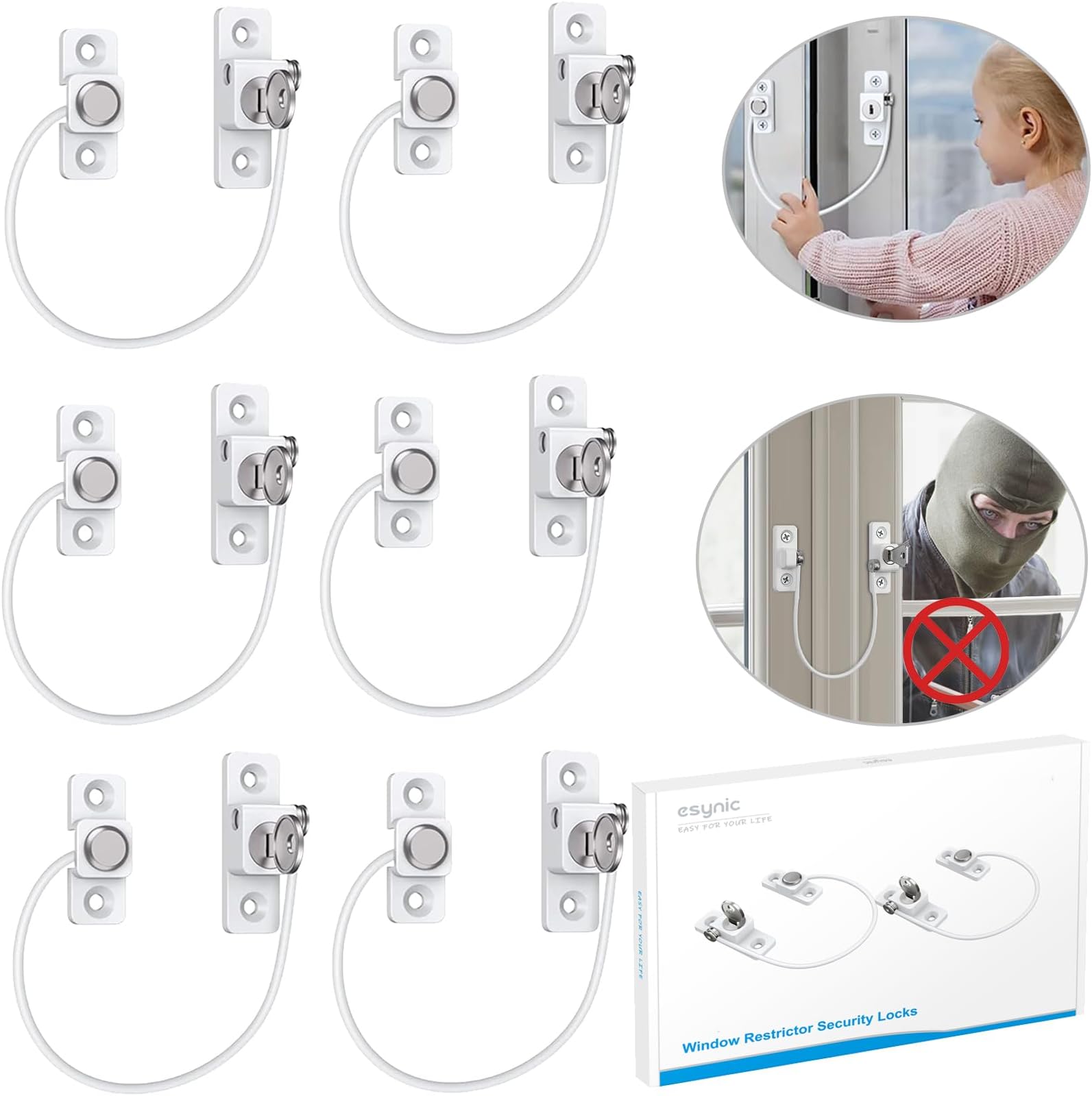 eSynic 6Pack Durable Window Locks Child Safety 185mm/7.3 Inch Wire Long Window Restrictor for UPVC Window Safety Restrictors with Key Relieable Window Security Locks for Home Office Safety etc