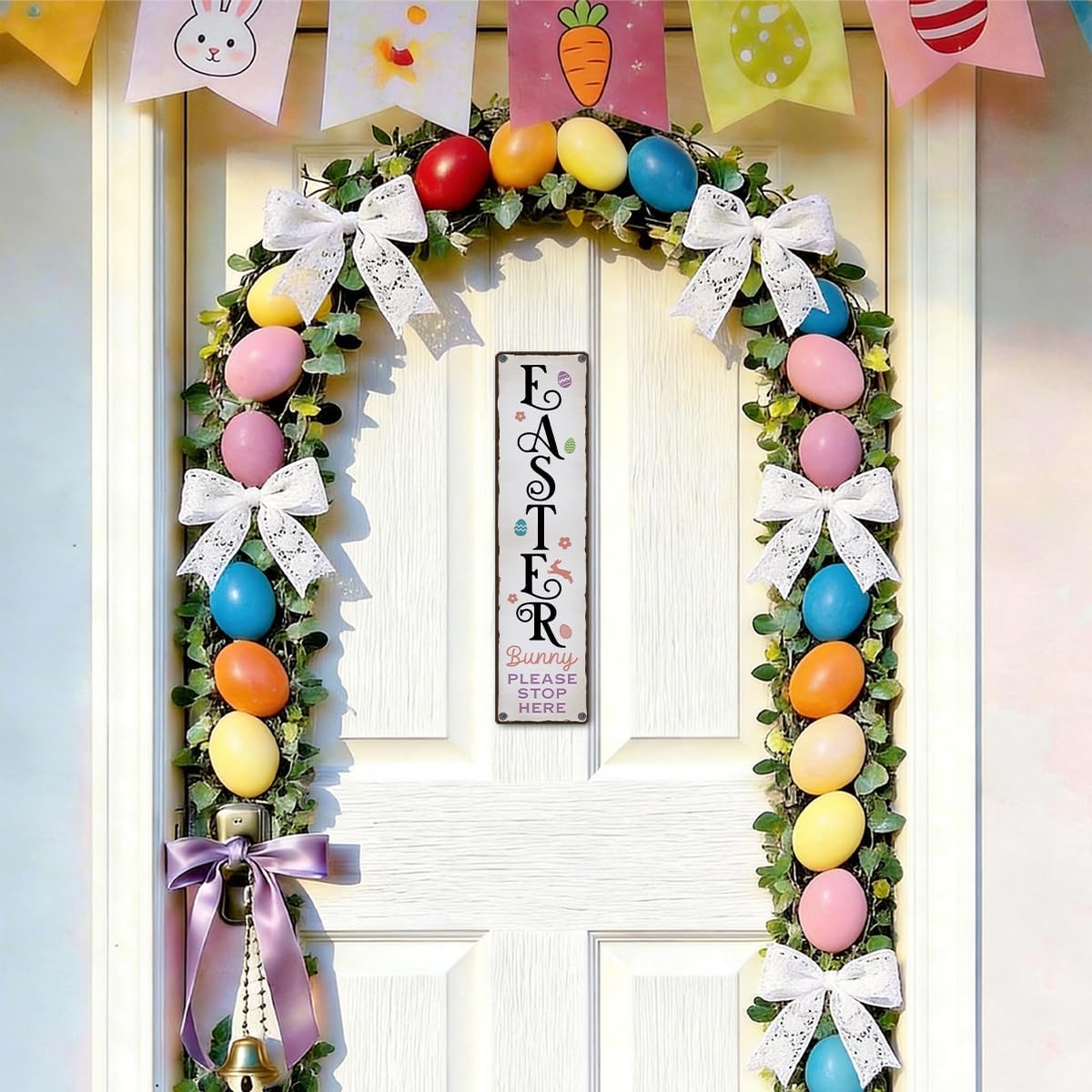 Funny Easter Decor Metal Tin Sign, Easter Bunny Please Stop Here Sign, Vintage Aluminum Wall Decor, for Easters Egg Hunt Porch Yard Garden Fence, Spring Holiday Decorations, 15.7 x 3.9 Inch