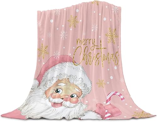 Manta de franela de forro polar súper suave, manta ligera con textura rosa de Papá Noel, acogedora manta de felpa de microfibra para cama, sofá,