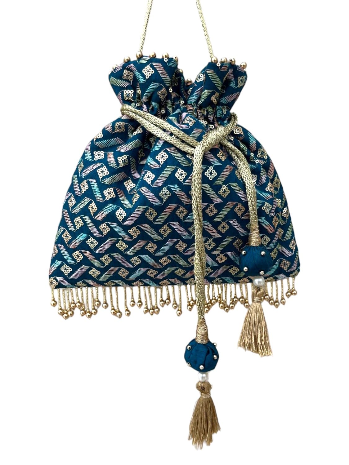 ART BY CHAITASIABC Teal Blue Potli Bags for ladies with Compartment | Gold Beads and Sequins Embroidery | Rose Gold Handle