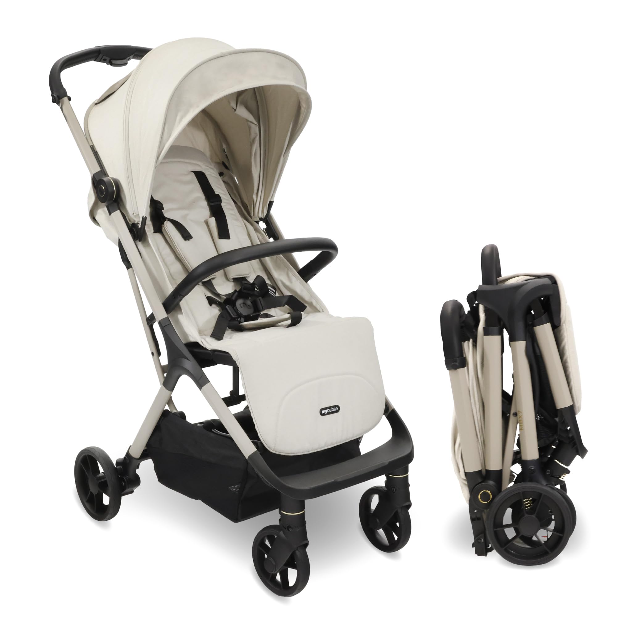 My BabiieMBX7 Autofold Stroller – from Birth to 4 Years (22kg), Foldable & Compact, Lightweight, Travel Buggy for Toddlers, Pushchair Includes Rain Cover - Ivory