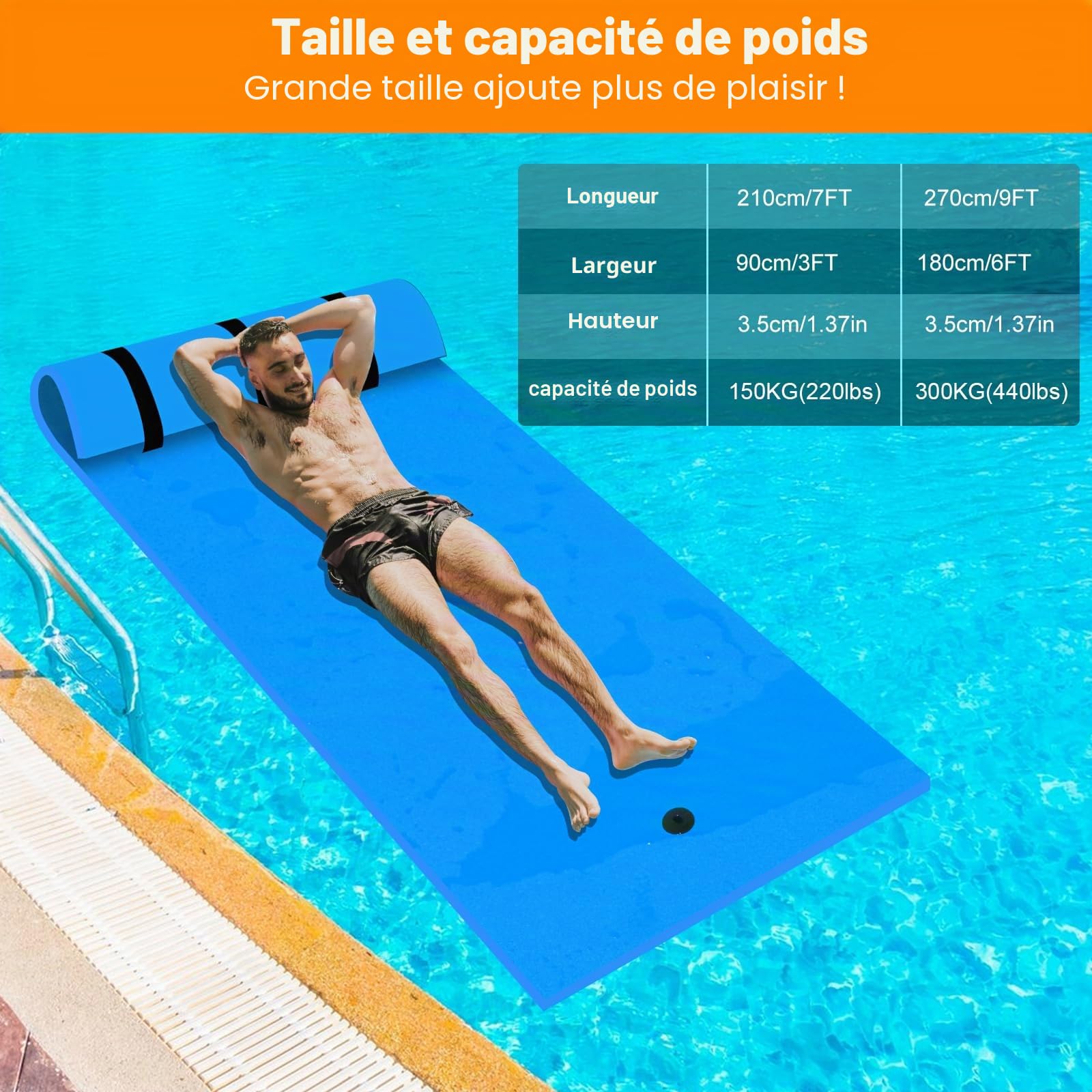 210 x 90 cm Matelas Flottant en Mousse XPE, Tapis d'eau en Mousse Enroulable Résistant à la Déchirure, Tapis Flottant Piscine pour Adultes de Charge 100KG, Lac, Piscine, Plage (Bleu)