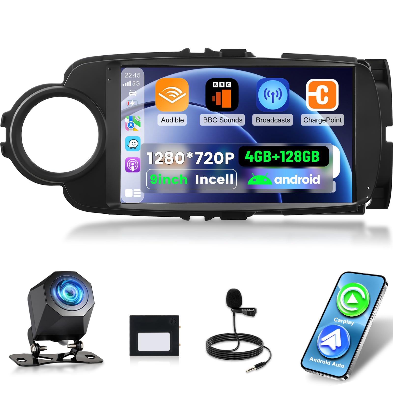 NHOPEEW 4+128 GB Radio para Coche con Android para Toyota Yaris 2012-2017 con compatibilidad con CarPlay y Android Auto, WiFi, GPS, Controles en el Volante,Canbus