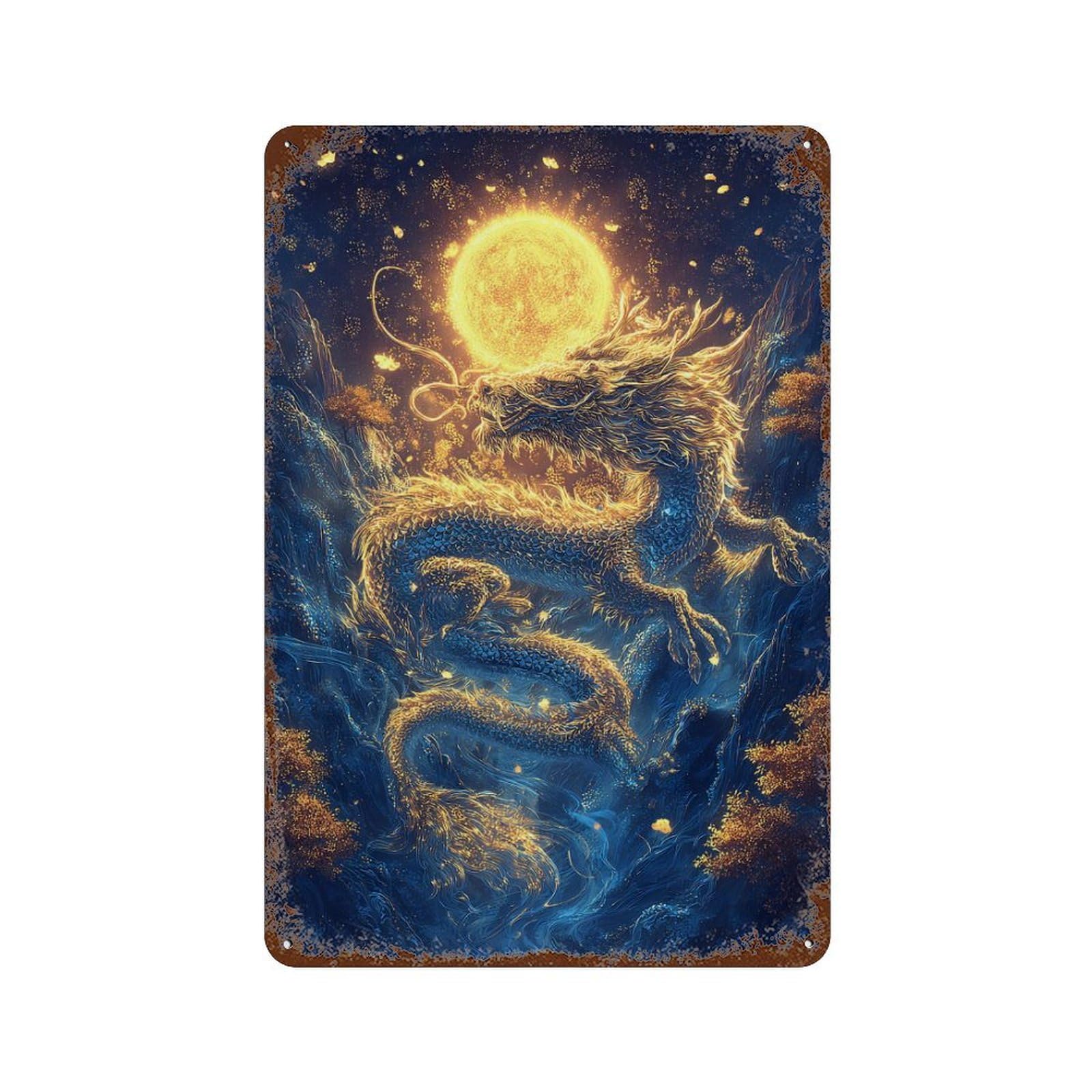 Golden Dragon with Moon Rust Effect Tin Sign 11.8"x7.9", Farmhouse Wall Decor for Living Room, Hallway And Home Decor