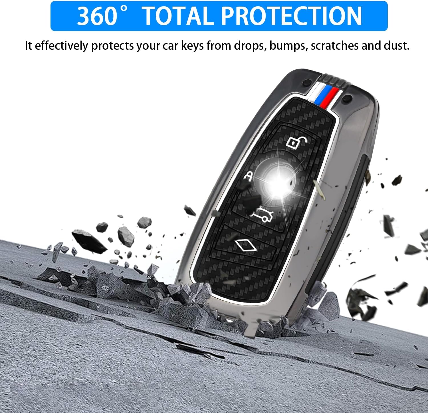 QBUC for BMW Key Fob Cover, Zinc Alloy Heavy Duty Silicon Protector with Keychain Keyless Entry Remote Case Holder Car Key Case for BMW 1 3 4 5 6 7 Series X3 X4 M5 M6 GT3 GT5 (Gunmetal-Carbon Fiber) - Image 4