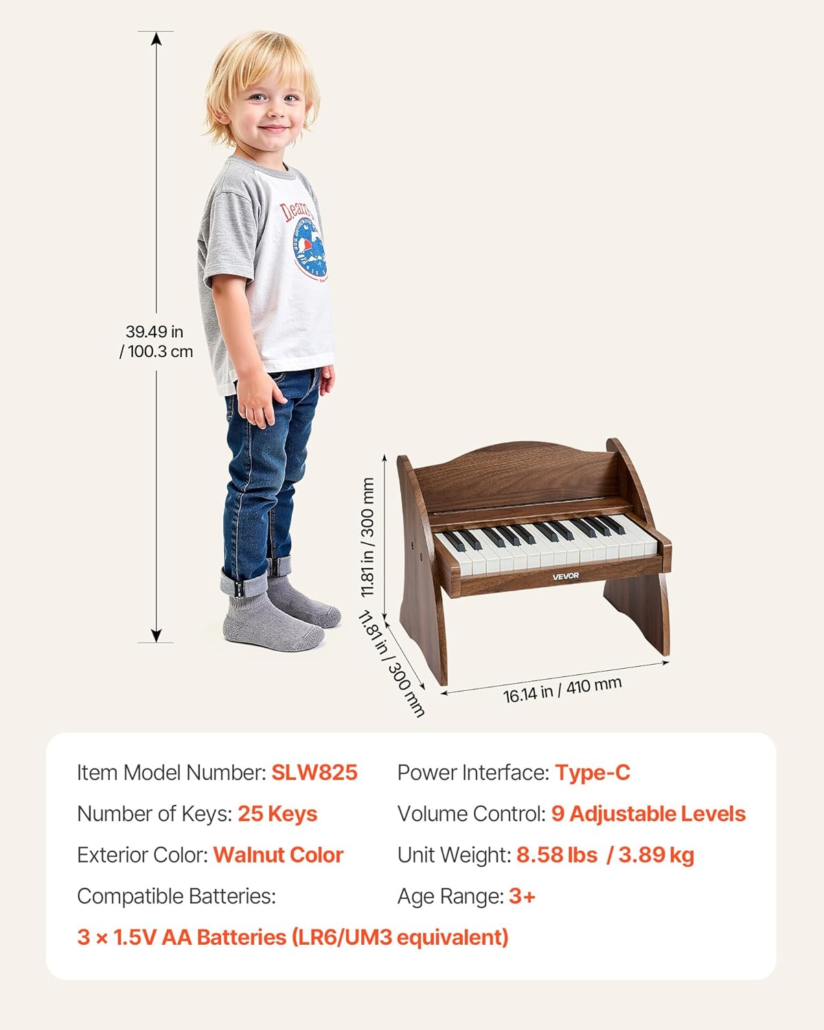 VEVOR Kids Piano Keyboard, 25 Keys Wooden Digital Piano for Kids, Mini Music Educational Instrument Toy with Realistic Sound, Dual Power, Adjustable Volume for Toddlers, Boys Girls Learning, Walnut