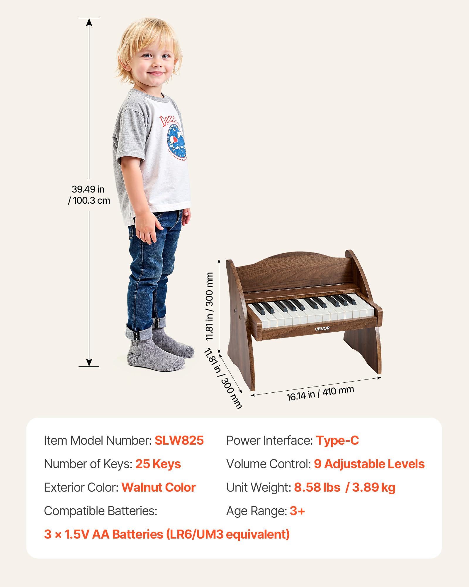 VEVOR Tastiera per Pianoforte per Bambini in Legno a 25 Tasti, Mini Strumento Musicale Giocattolo Educativo con Suono Realistico, Doppia Alimentazione, Volume Regolabile per Bambini Piccoli