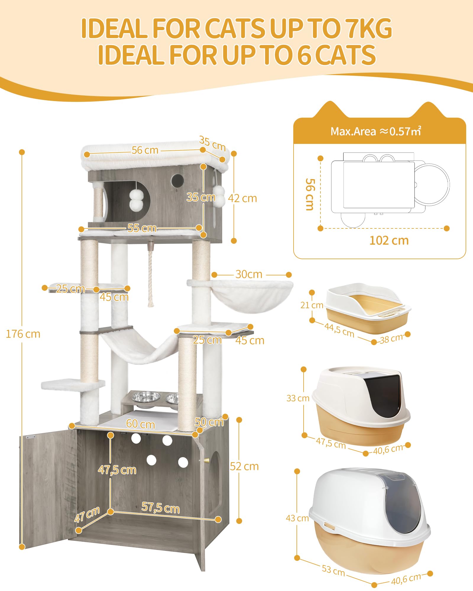 Hzuaneri 176 cm Árbol para Gatos, Casa para Gatos con Mueble para Bandeja Higiénica, Soporte para Comedero Elevado, Cuerda de Sisal, Hamaca y Cojín Lavable, Marfil Claro CB89105WT