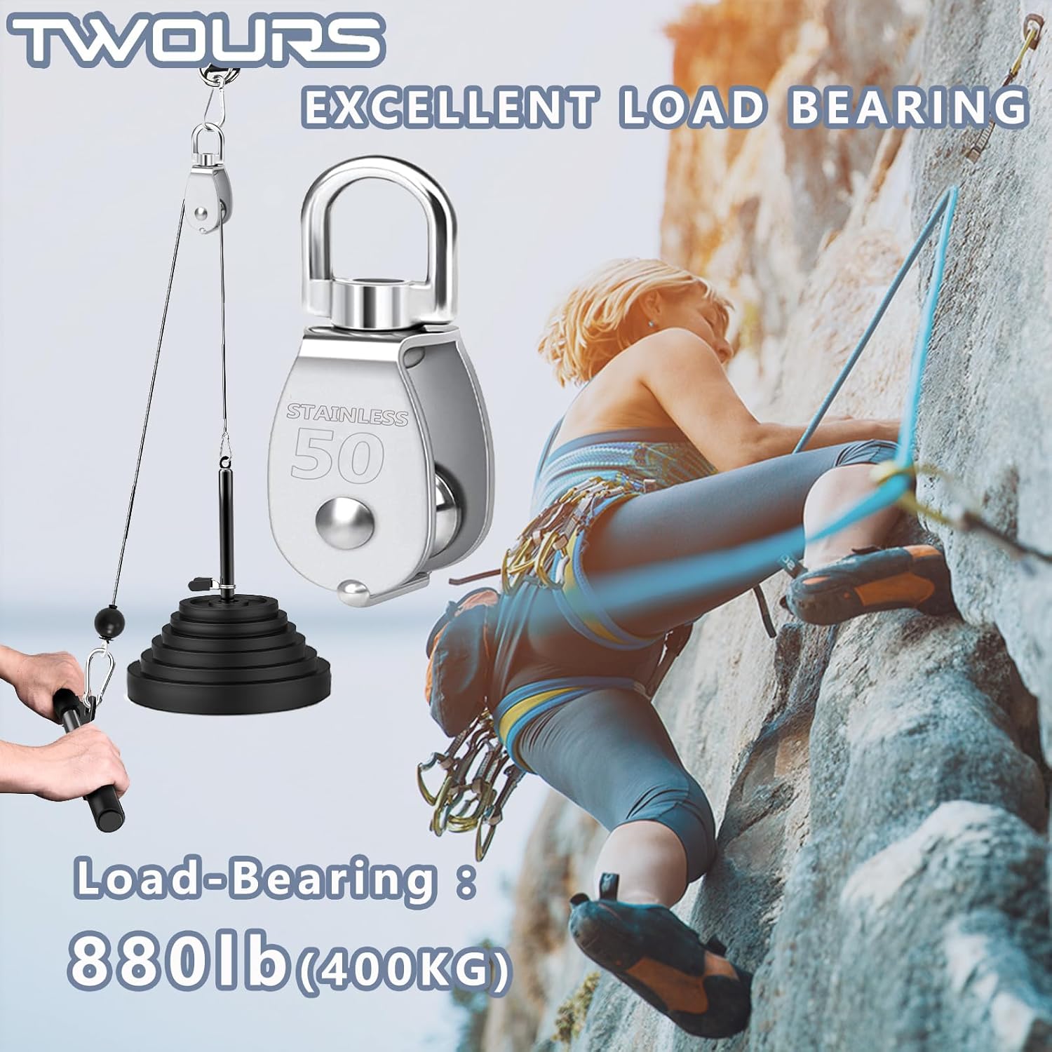 Pulley 304 Stainless Steel Single Pulley Block M50 Small Heavy Duty Swivel Bearing Pulley System for Rigging, Lifting, Cargo Transportation,Gym Equipment (M50 2PCS)