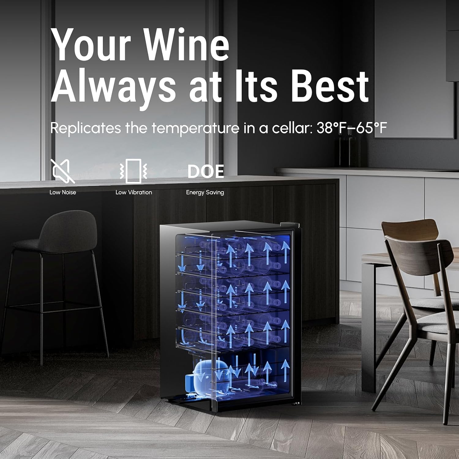 Yeego Wine Fridge, 34 Bottles Wine Cooler Refrigerator, 38-65℉ Freestanding Mini Fridge with Digital Temperature Control & Double-layer Glass Door & Blue Ambient Lights for Home, Kitchen, Office, Dorm