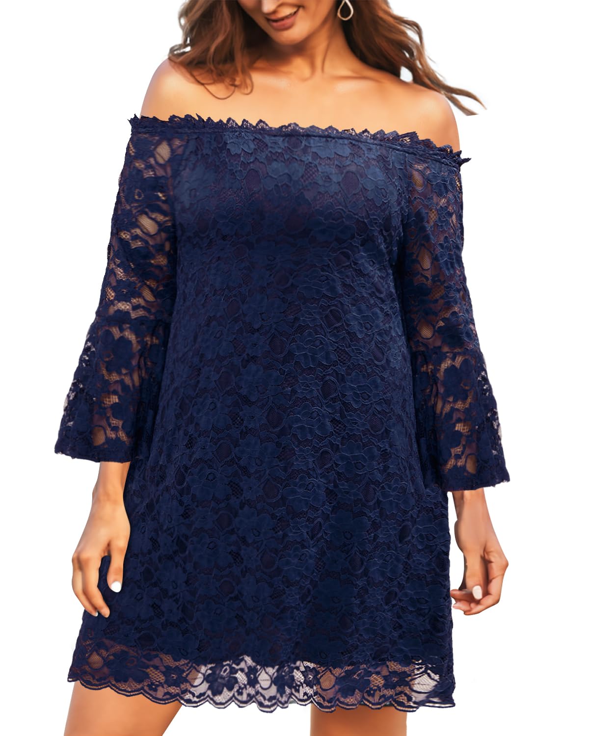 Plus Size Dresses for Women Wedding Guest Off The Shoulder Lace Cocktail Short Dress with Bell Sleeve