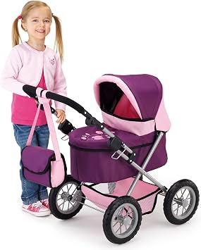 Bayer Trendy Doll Pram, Pink & Purple Stroller with Adjustable Handle