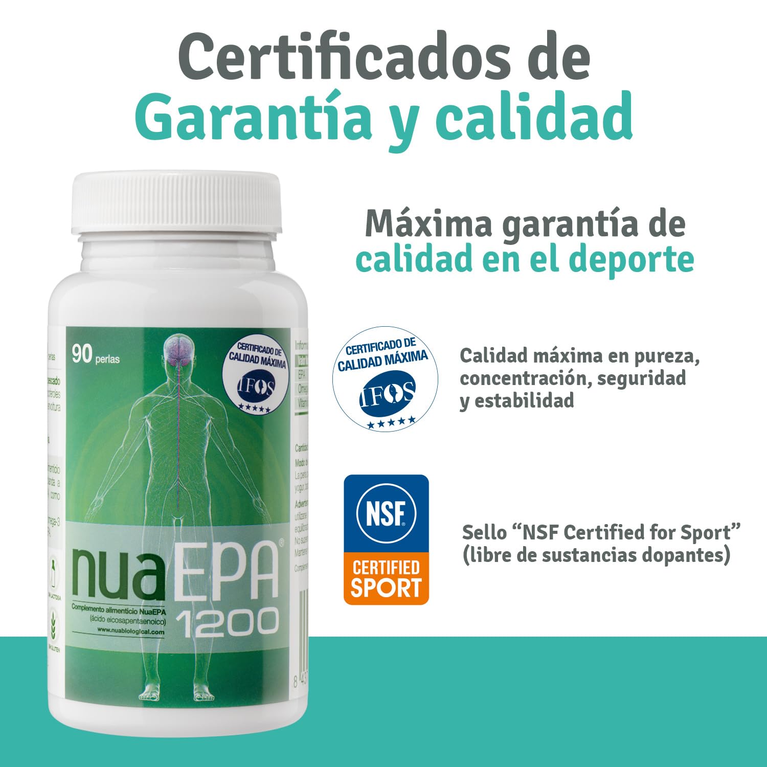 Nua Biological - NuaEPA 1200 - Complemento Alimenticio a base de EPA (Ácido eicosapentaenoico) - Omega 3 Marino de Pescado Azul - 90 cápsulas en forma de triglicérido (1200mg EPA puro/perla)