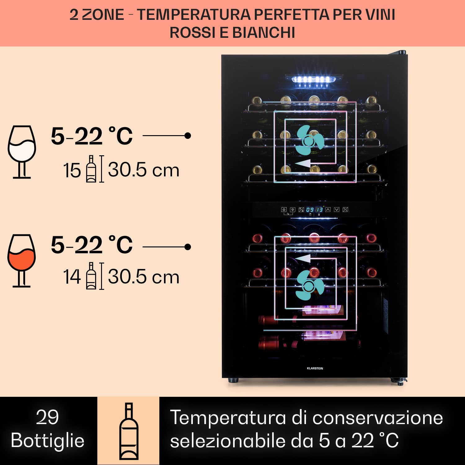 KLARSTEIN Cantinetta Vino Design, Cantinetta Vino Refrigerata a Zona Doppia per Vino Rosso, Bianco e Birra, Controlli Touch, Frigo Vino Cantinetta per Esterno/Interno, 5-22°C, 80L, 29 Bottiglie