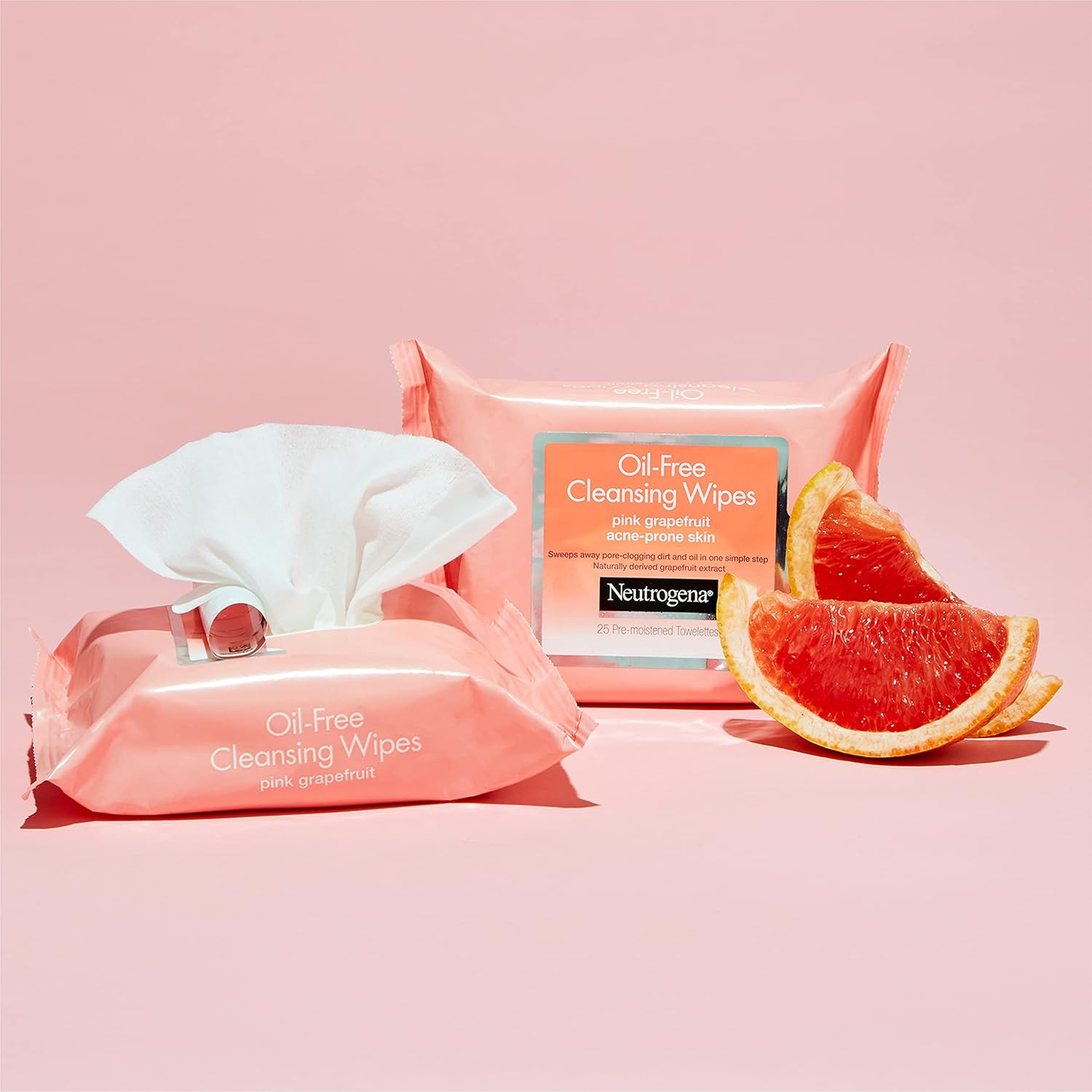 Neutrogena Oil-Free Facial Cleansing Makeup Wipes with Pink Grapefruit, Disposable & Pre-Moistened Daily Acne Face Towelettes to Remove Dirt, Oil & Makeup for Acne Prone Skin, 25 ct