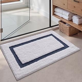 LUMI Bathroom Rug, Non Slip Absorbent Bath Mat, White Blue, 16"x24"
