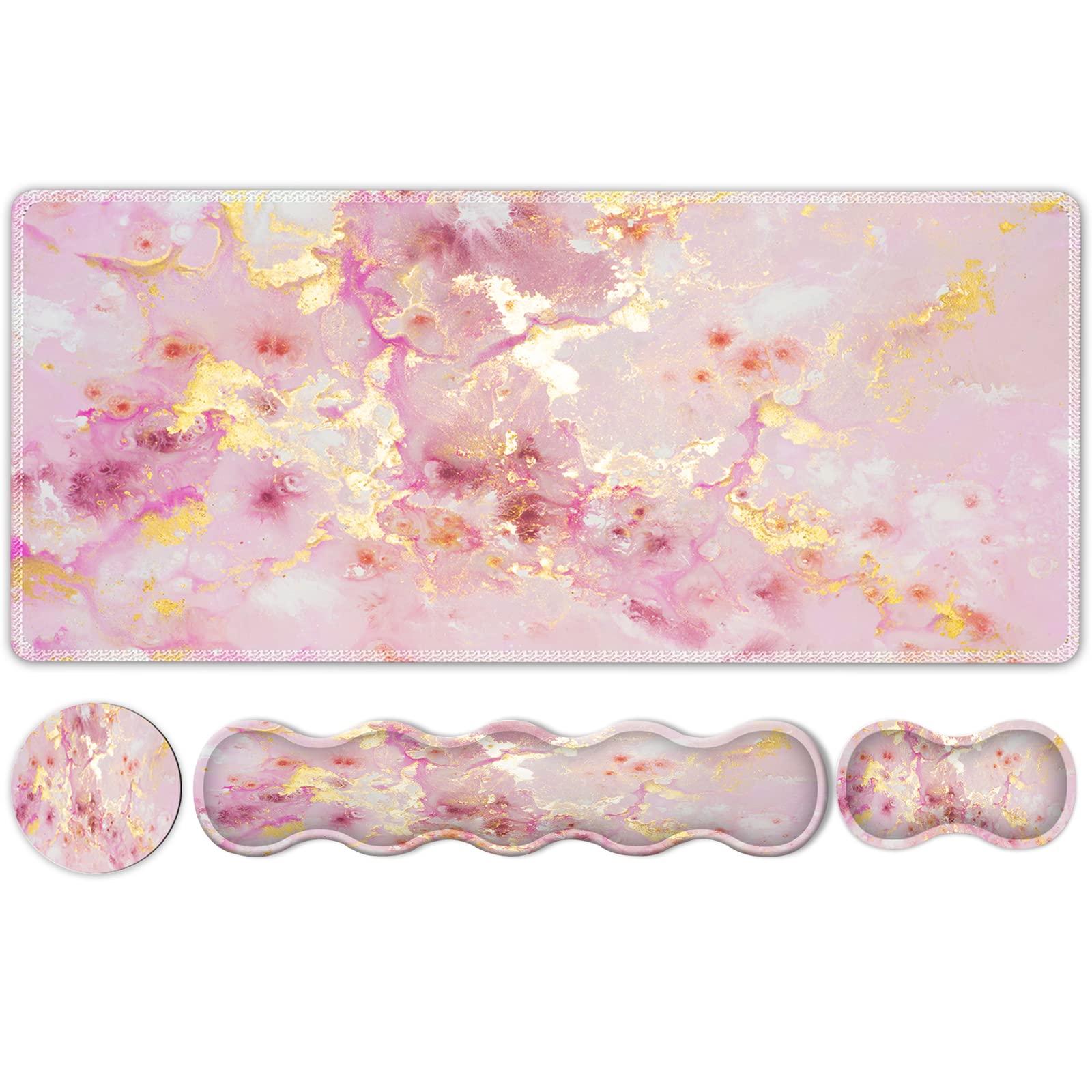 iLeadon Keyboard Mouse Pad Set, Large Gaming Mouse Pad + Keyboard Wrist Rest, Wrist Support + Coaster, Easy Typing Pain Relief, 35.4x15.7in Desk Mat for Home Office, Pink Gold Marble