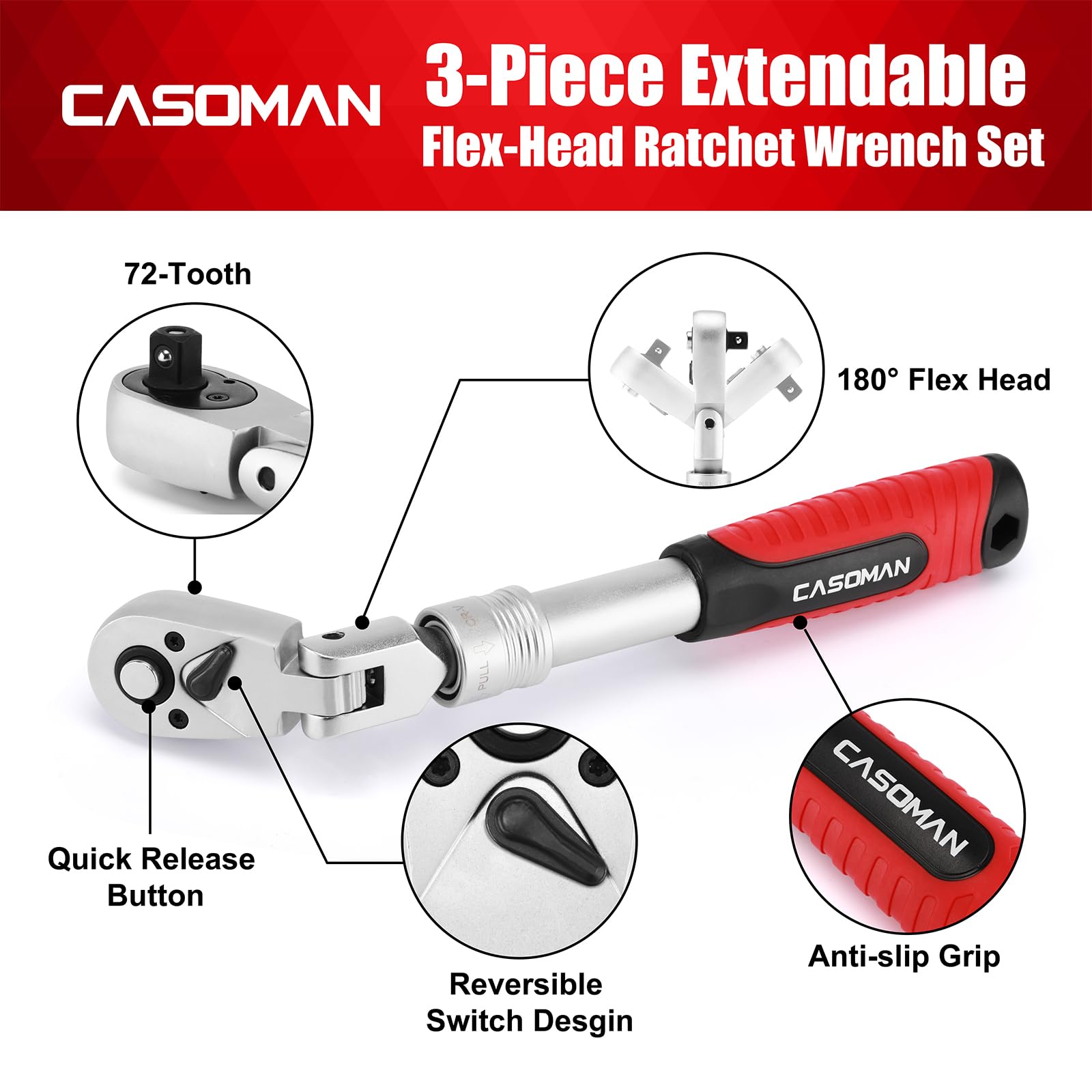 CASOMAN 3 PCS Flexible Extendable Ratchet Set, 1/2-Inch, 3/8-Inch & 1/4-Inch Drive Socket Ratchet Wrench, Ratchet Handle - Image 4