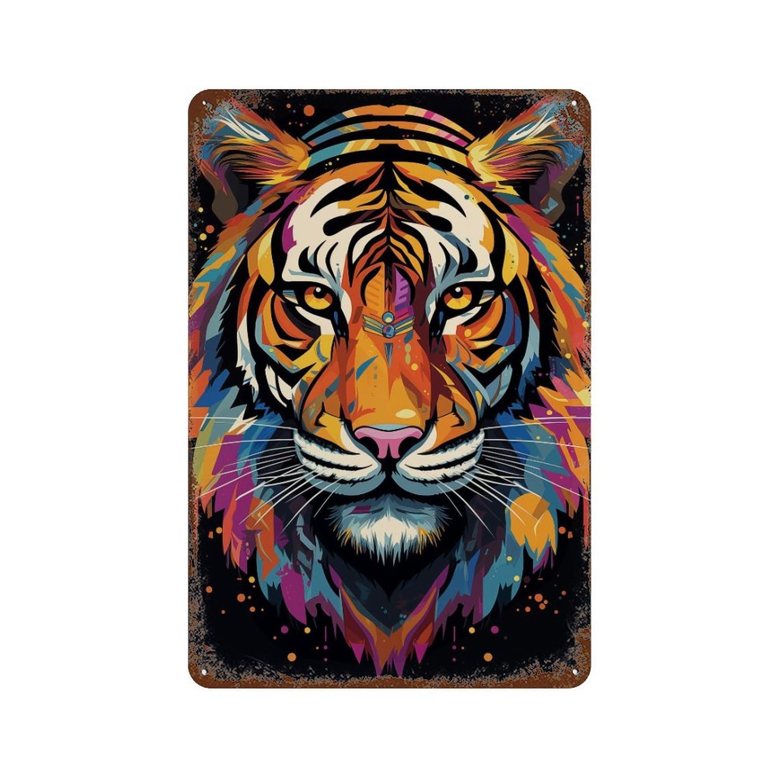 Garage Style Colorful Tiger Illustration Vintage Rust Metal Sign 11.8"x7.9", Shabby Chic Decor for Bar And Workshop