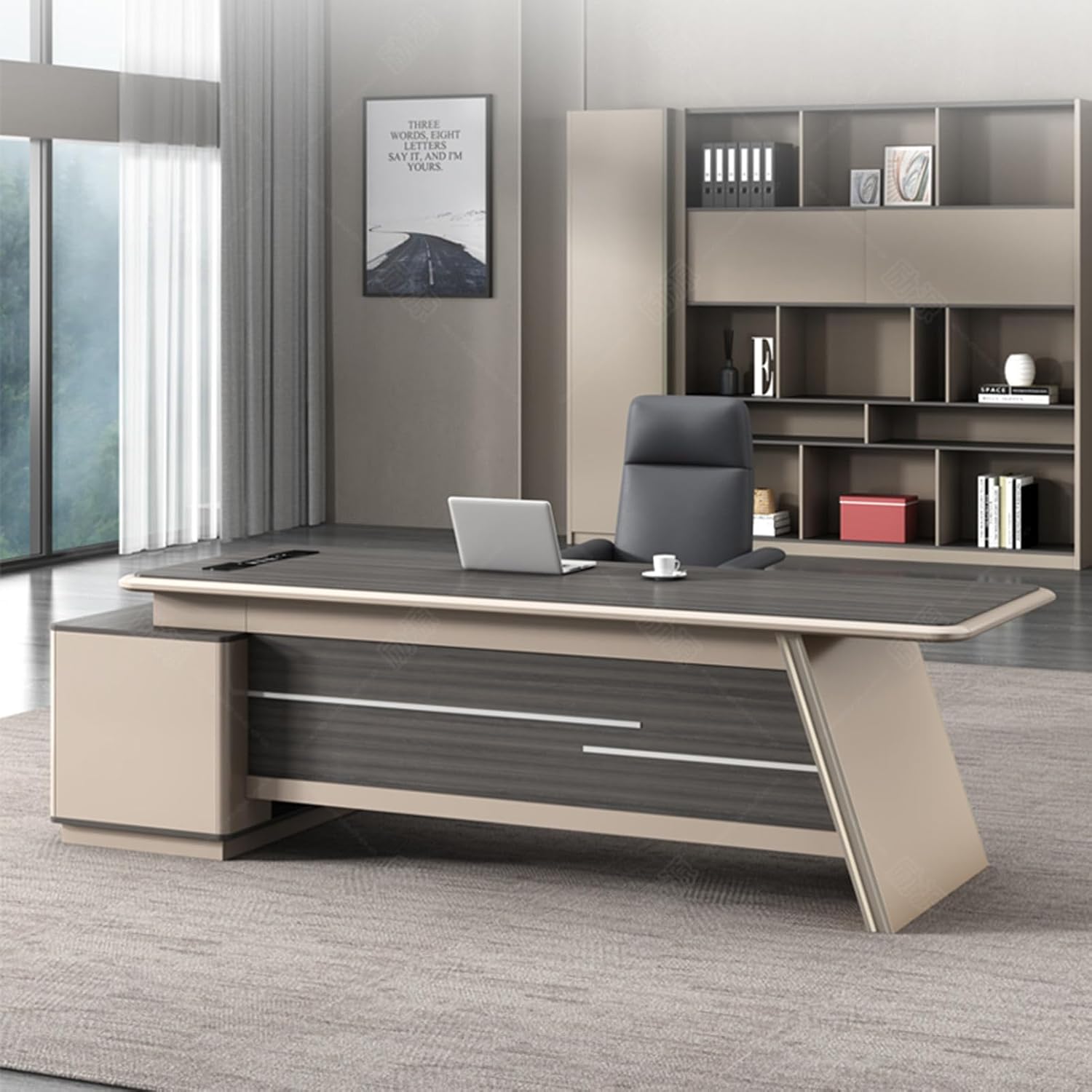 L-Shaped Brown Computer Desk Executive Office Desk with Lateral Cabinet Writing Study Table Business Furniture Set for CEO Boss