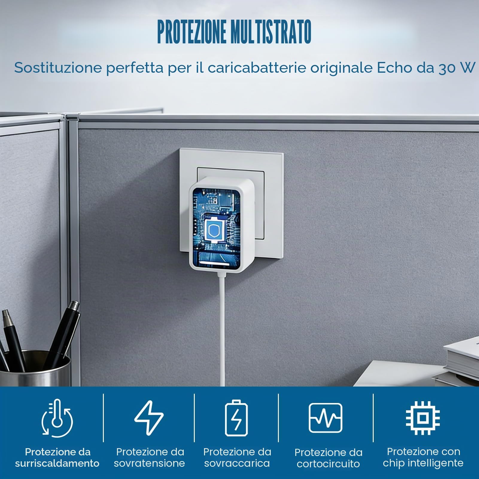 Alimentatore 30W 18V 1.67A Per Echo 3ª/4ª Gen, Echo Show 8/10/15, Echo Plus 2ª Gen - Cavo 1.2m