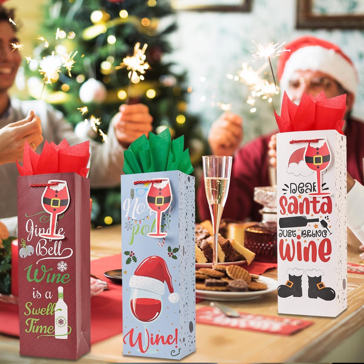 ZJHiome 12 Pack Christmas Bottle Gift Bags with Tissue Paper,13.7" Thick Paper Bottle Bags Bulk for Champagne & Wine Bottles,Reusable Wine Bags for Gift (Multi) - Image 7