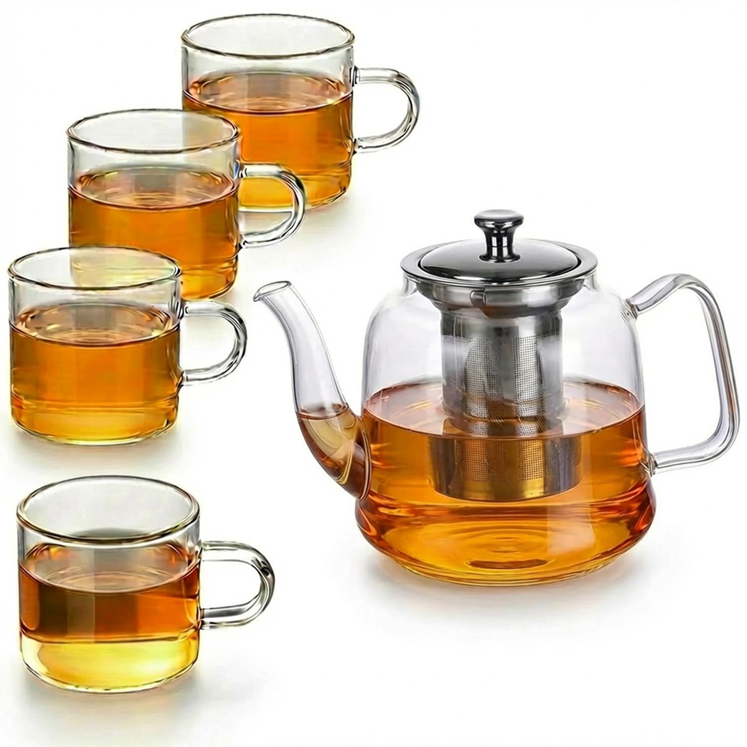 Große Teekanne Set aus Glas 1,5 Liter mit Siebeinsatz – Spülmaschinenfestes Teeset mit 4 Tassen für losen Tee, perfekt für Teeparty & als Geschenk