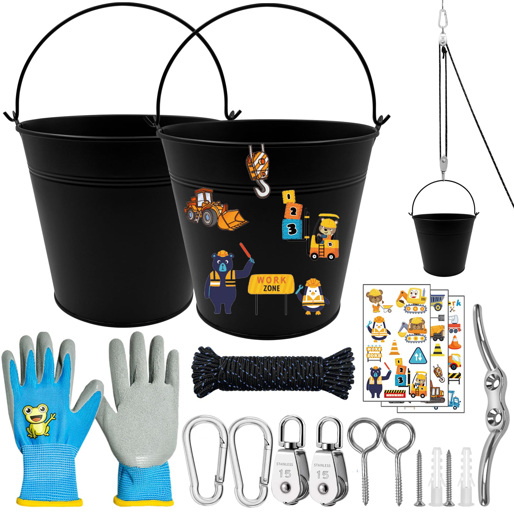 TZEKING Polea para Niños,Polea con 2 Cubo de Metal,Accesorios de casa de árbol para niños,polea con Cable de Cubo,Sistema de Polea para Niños,polea para niños,para Niños y Niñas a Partir de 3 Años