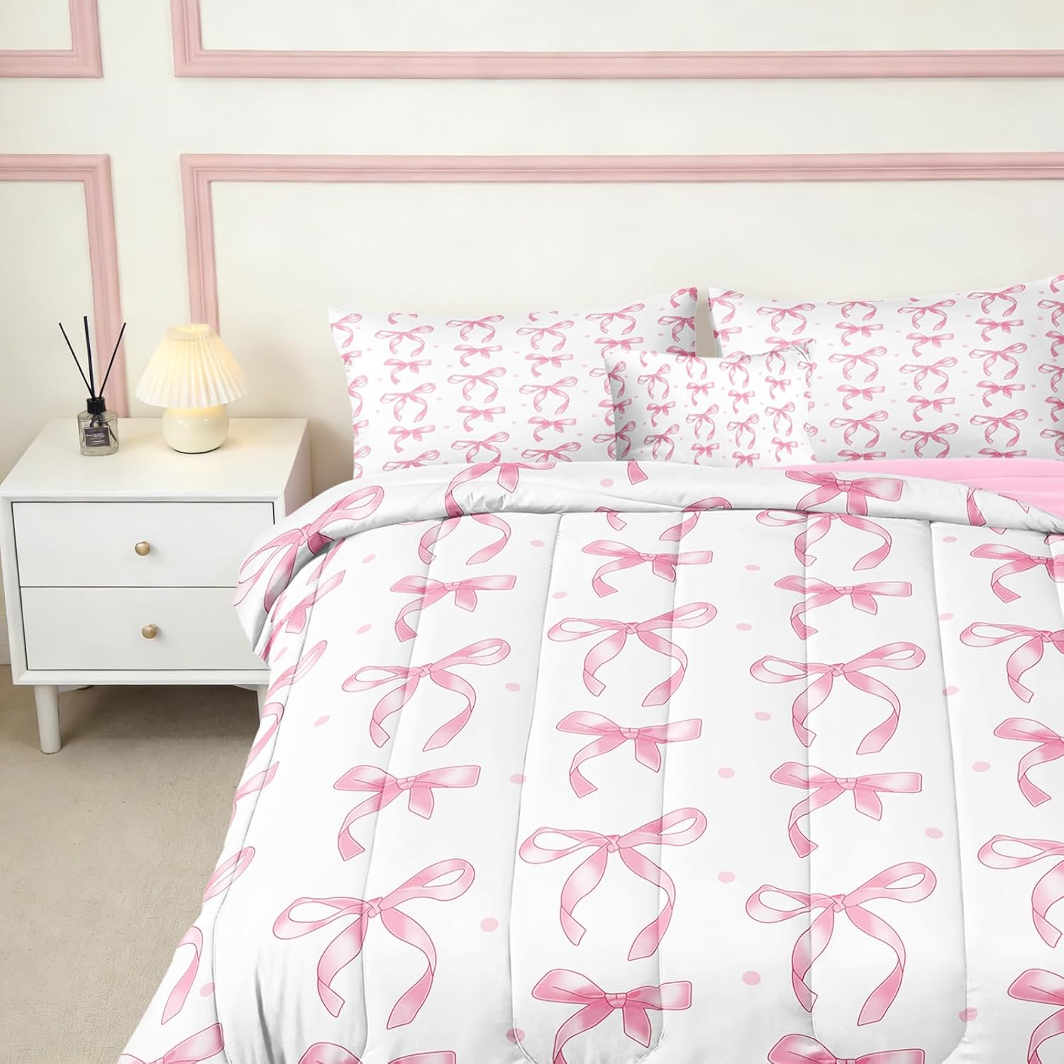 BDUCOK 6 Pieces Pink Ribbon Bow Bedding Set for Girls Queen Size, Bed in a Bag Comforter Set for Girls Kids Teens, Bedding for Bedroom Decor 3061Queen