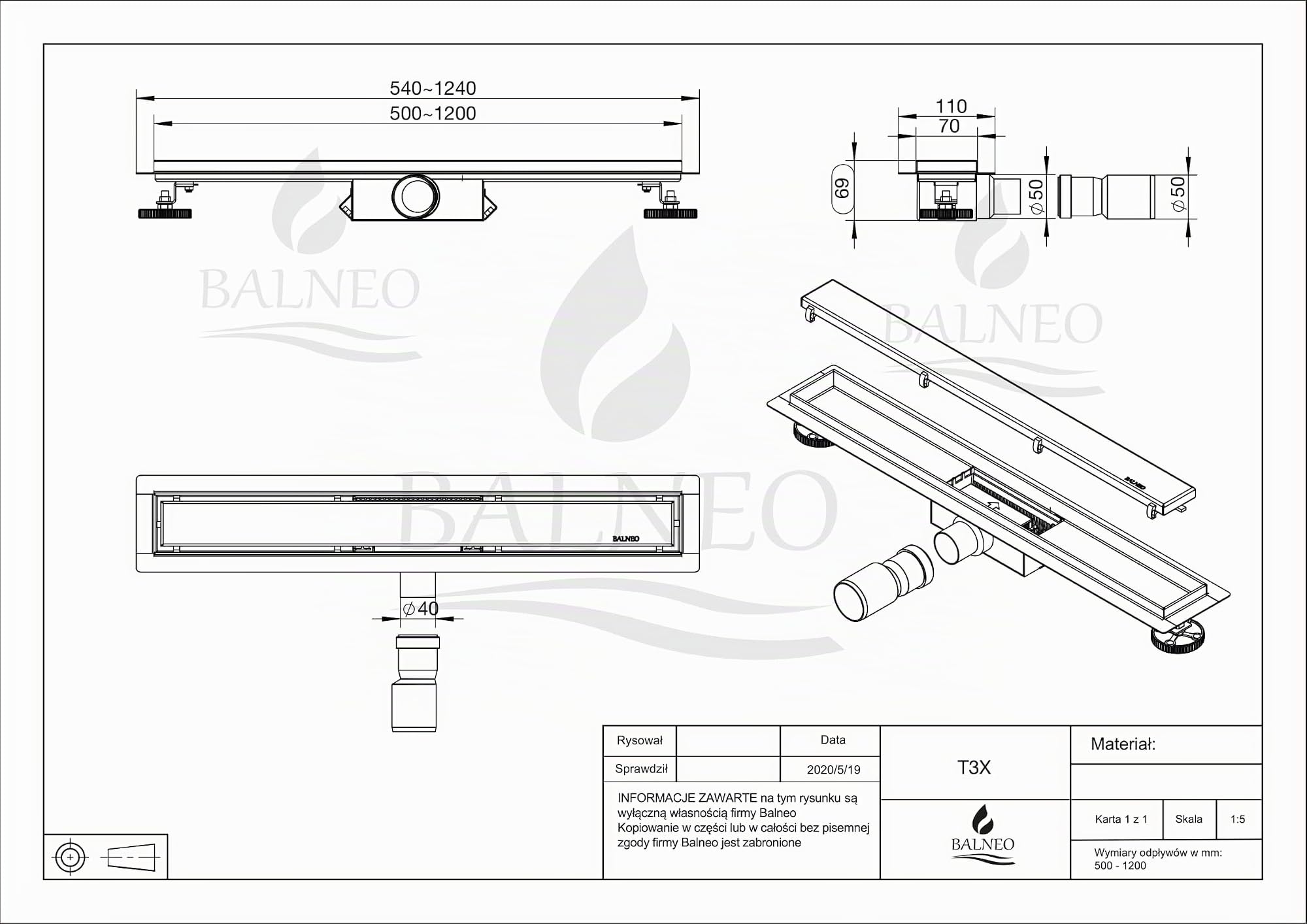 Canalina per Doccia, Scarico a Pavimento, Canaletta di Scarico 50 Nera in Bassa 52mm, Set CompletoScarico per Doccia su Entrambi i Lati con Pannello o Sotto Piastra, Duplex Next 2in1