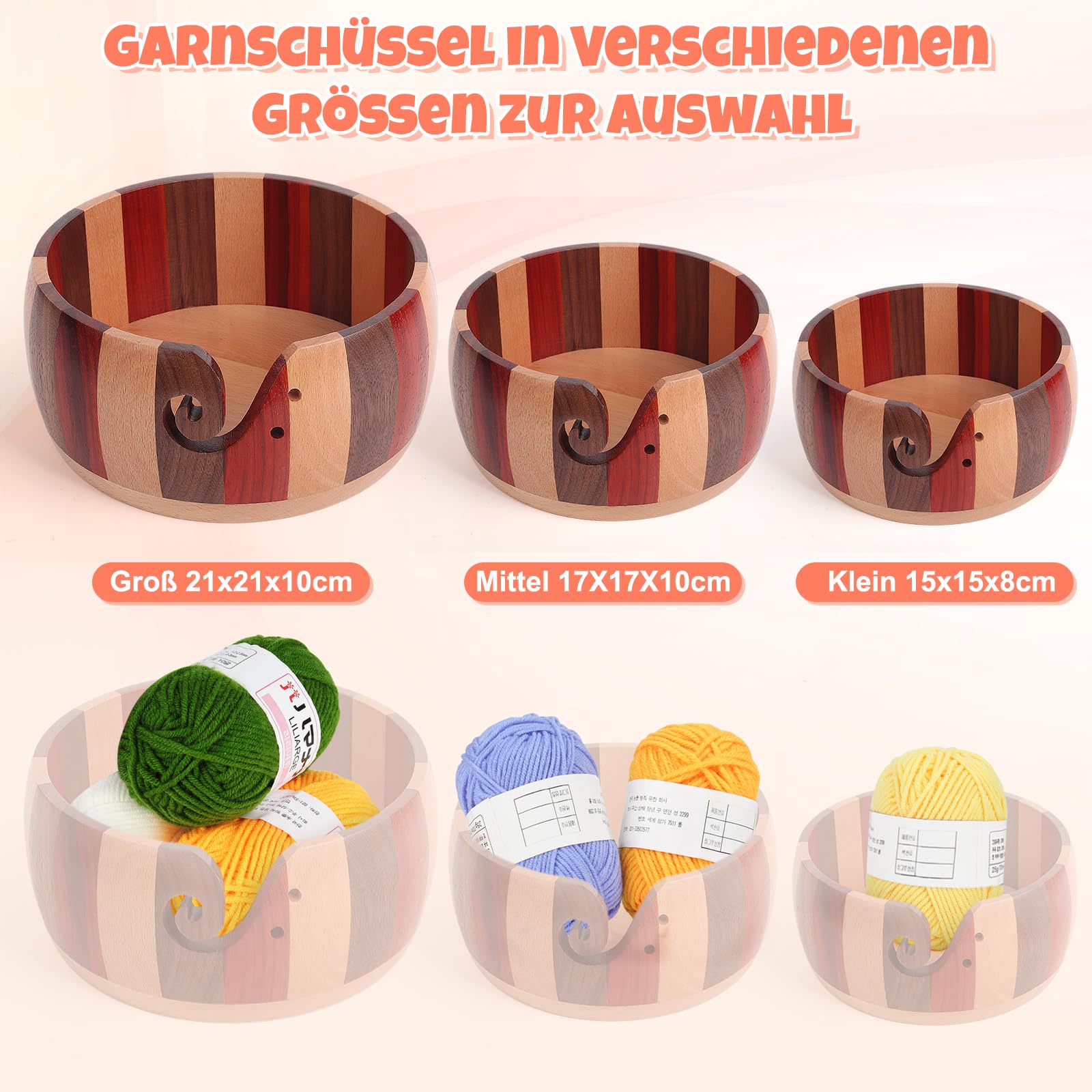 Coopay Super Groß Garnschale zum Häkeln, 21 X 21 X 10 cm Farbenfroh Strickschale zum Strick- und Häkelprojekte, Handgefertigte Groß Wollschüssel mit Löchern für Wolle, Wooden Yarn Bowl