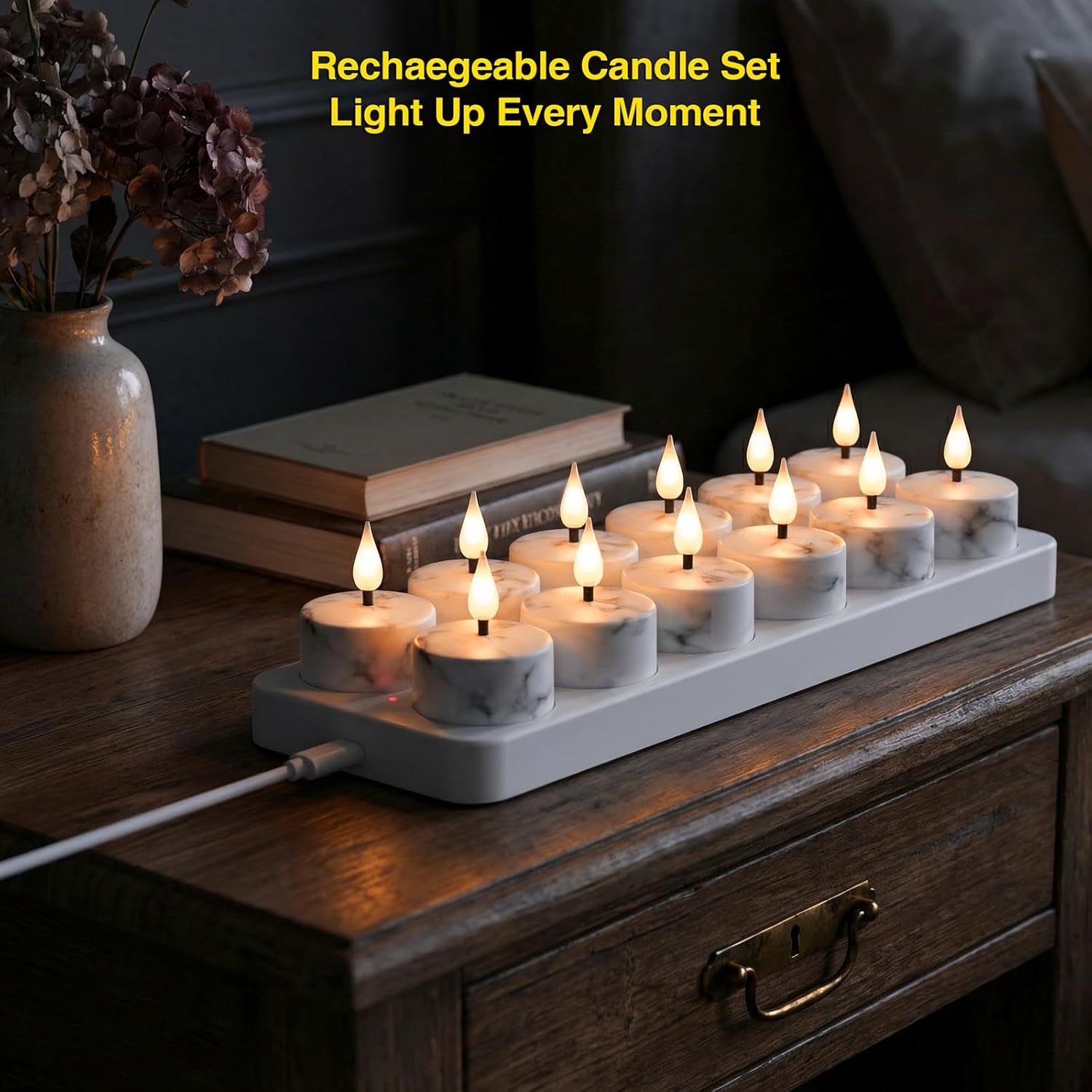 Flameless Tea Lights Candles with Charging Station,White Marble Pattern,LED Tea Lights Candles with Remote Control Timer for Valentine's Day,Centerpiece Table Decorations,Anniversary,Home Decor,12Pack