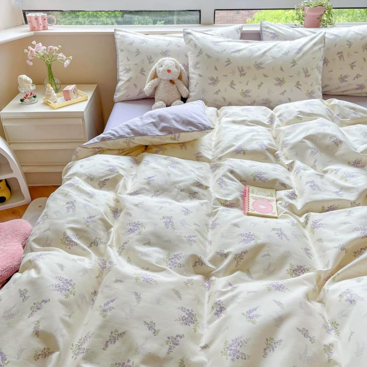 Floral Duvet Cover Queen Size Lavender Purple Romantic Flower Bedding Set 3 Pcs Kids Boys Girls Women Spring Aesthetic Green Botanical Soft Breathable Comforter Cover with Zipper Closure
