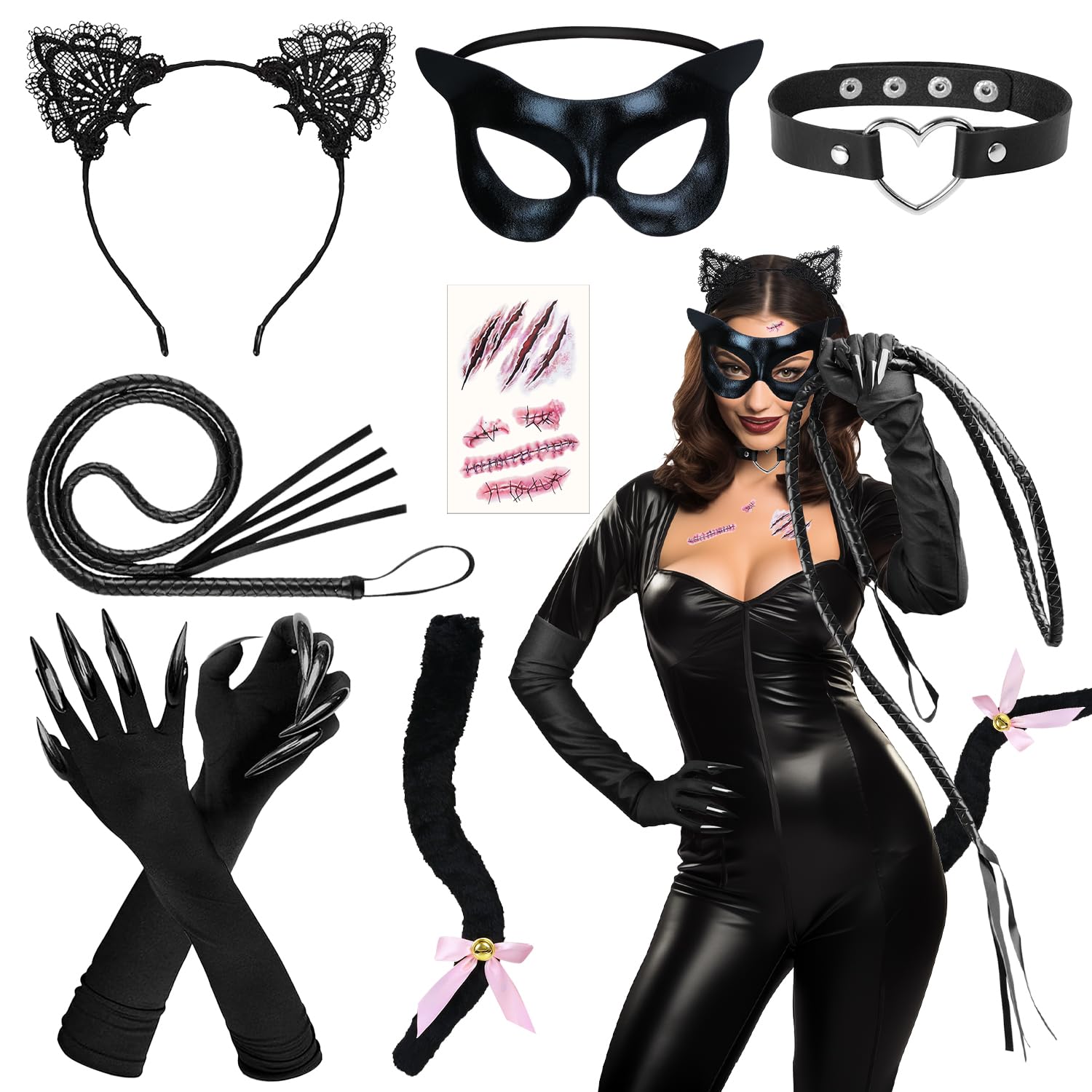 iZoeL Black Cat Woman Costume  Cat Halloween Costume Adult Halloween  Costumes Adult Women Ears and Tail Gloves Mask Heart Collar  Animal  Headband Ladies Outfit Accessories Fancy Dress Girls - BigaMart