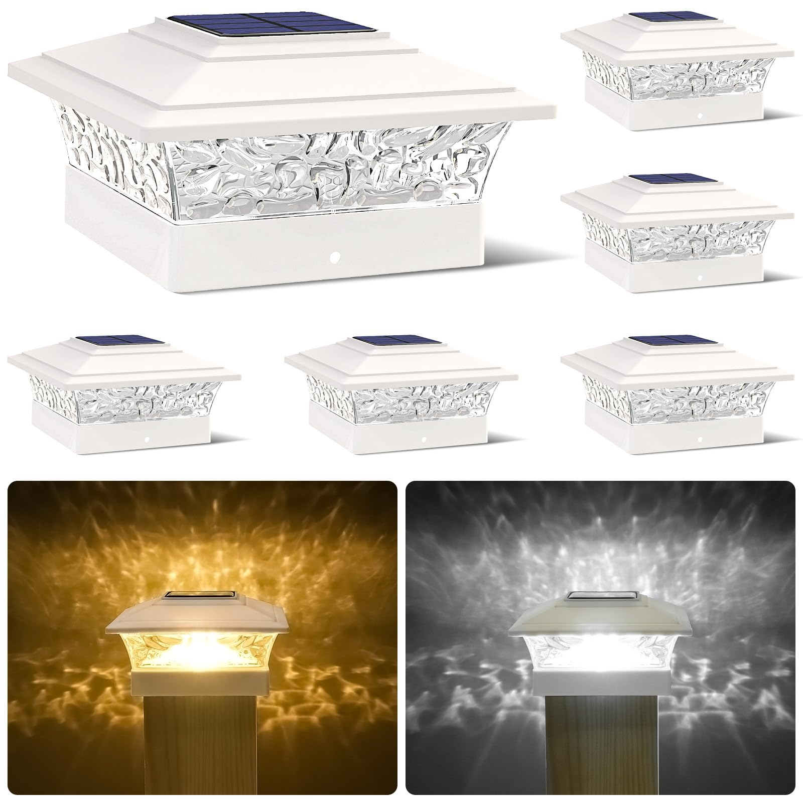 Solar Post Cap Lights Outdoor 6pack, Waterproof Solar Powered Deck Fence Post Lights Fit 4x4/5x5/6x6 Wood/Vinyl Posts, White Vinyl Fence Post lights with Warm/Cool White for garden, Patio, Porch, Deck