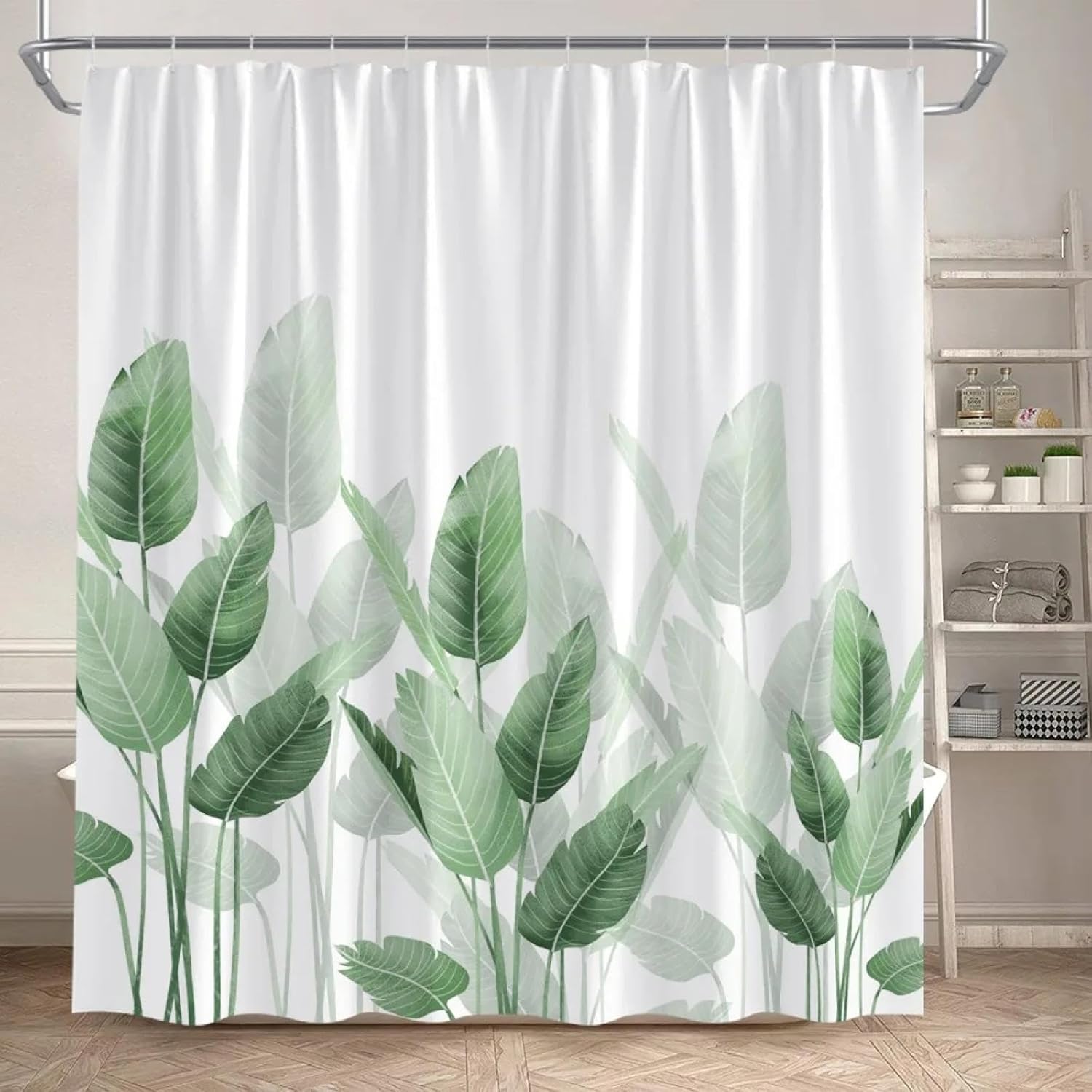 Tropical Plants Leaves Shower Curtains Green Palm Leaf Watercolour Art Modern Polyester Bathroom Curtain Decor with Hooks 71x94in(WxH)/180x240cm