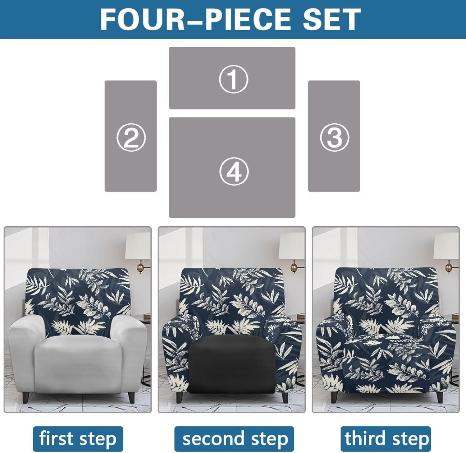 Biyejit Leaves Print Stretch Lazy Boy Recliner Chair Covers Non Slip Recliner Covers 4 Pieces for Electric Power Lift Reclining Chair Single-Seater Furniture Protector Washable