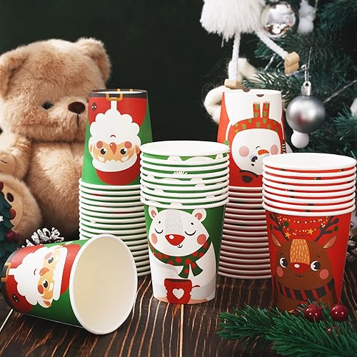 Miniatura 4 de Whaline 60 vasos desechables de Navidad de 9 onzas, color rojo y verde, Papá Noel, elfo, muñeco de nieve, alce, tazas de papel para fiestas de
