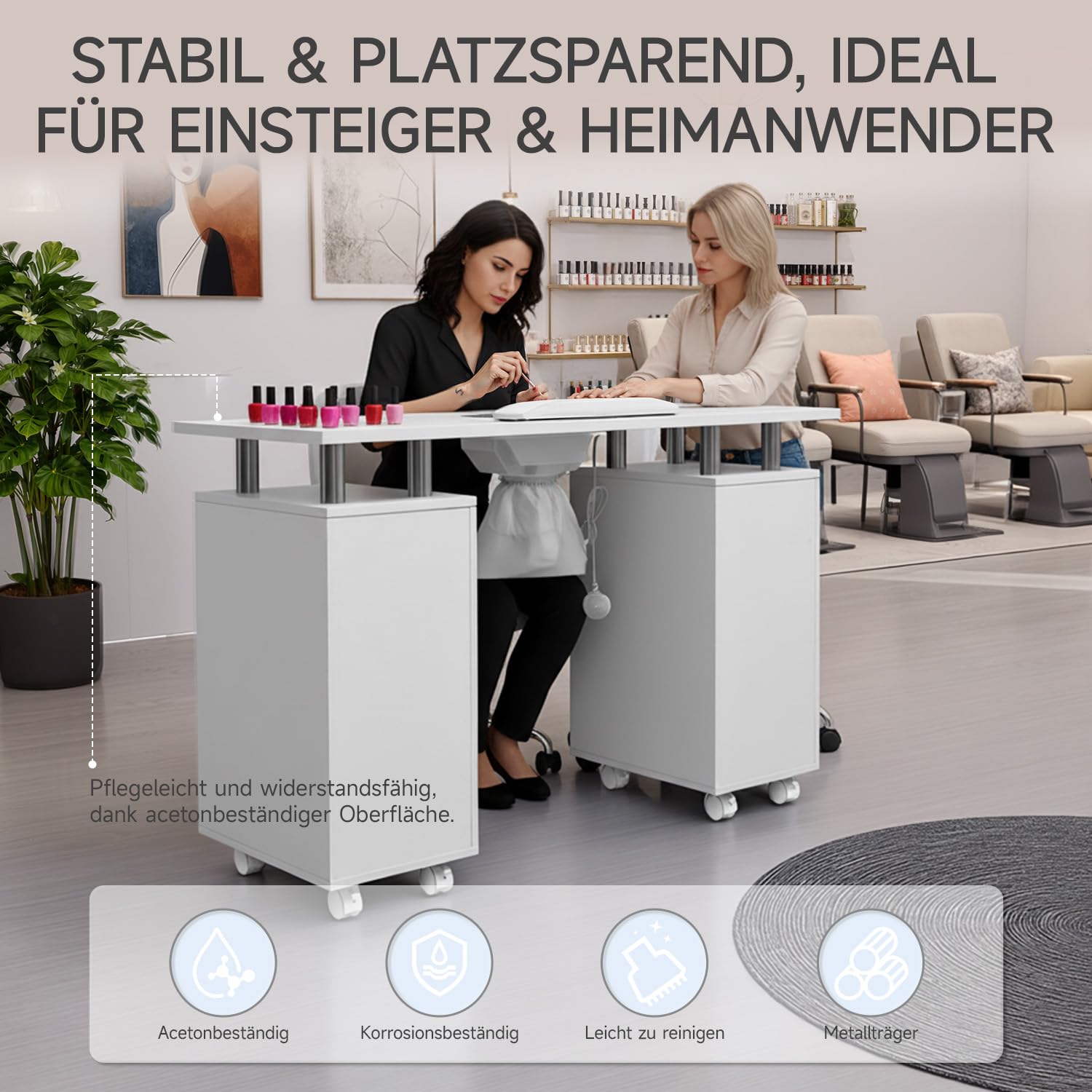 Maniküre Tisch Nageltisch mit Absaugung und Armauflage Nageltisch mit 8 Schubladen Staubabsaugung für Näge Rollbar mit Bremsen & Acetonbeständig für Nail Tech & Kosmetikstudio